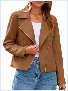 Faux Suede Cropped Moto Jacket Women Long Sleeve Zipper Biker Fall Outfit